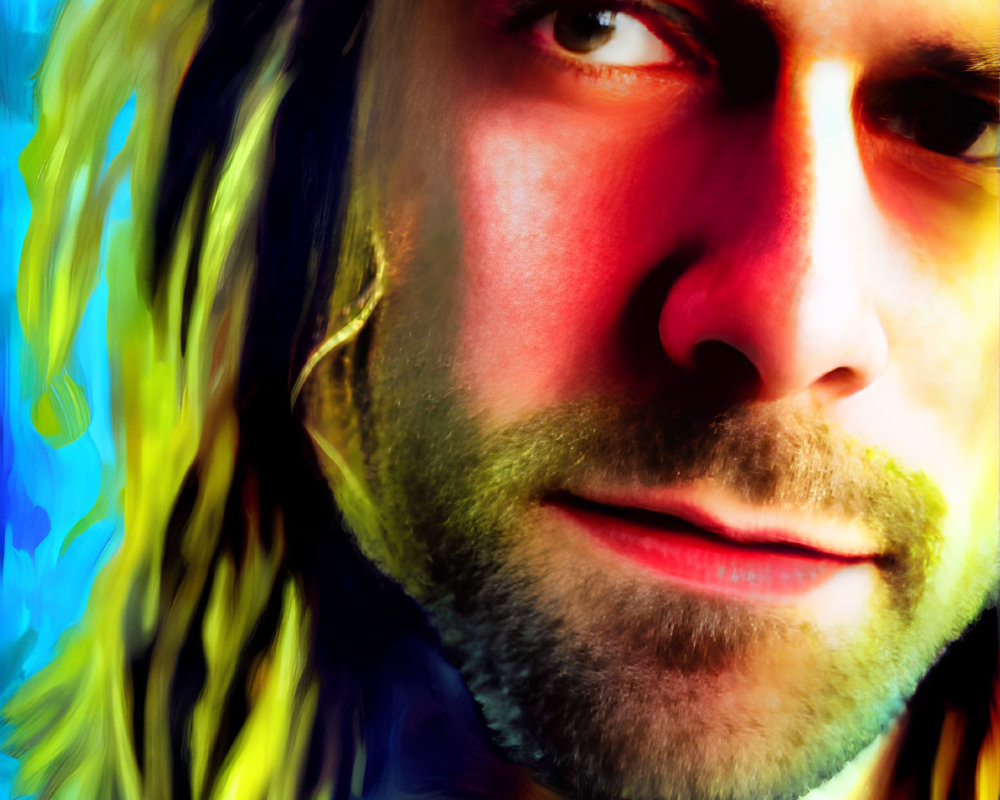 Colorful portrait of person with long blond hair and intense gaze on multicolored backdrop