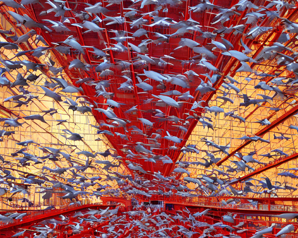 White Birds in Flight in Red and Orange Steel Atrium