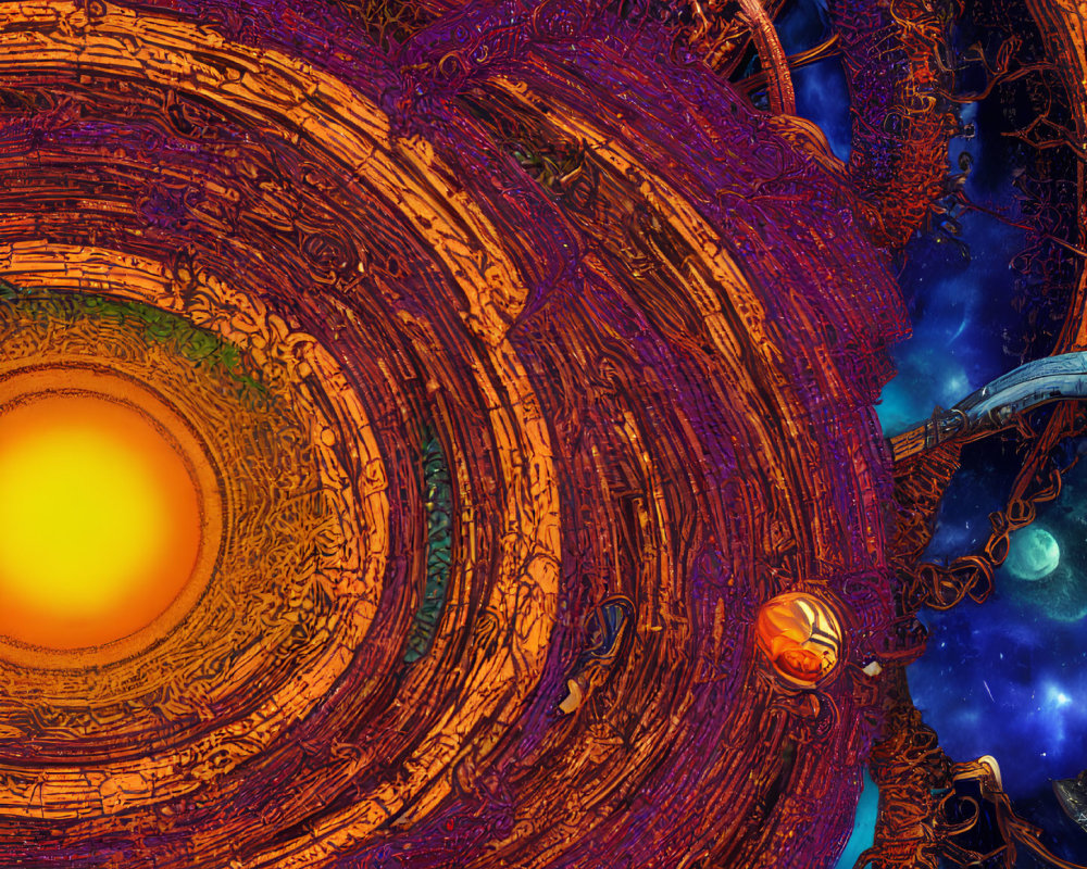 Colorful Fractal Design with Celestial Bodies and Swirling Patterns