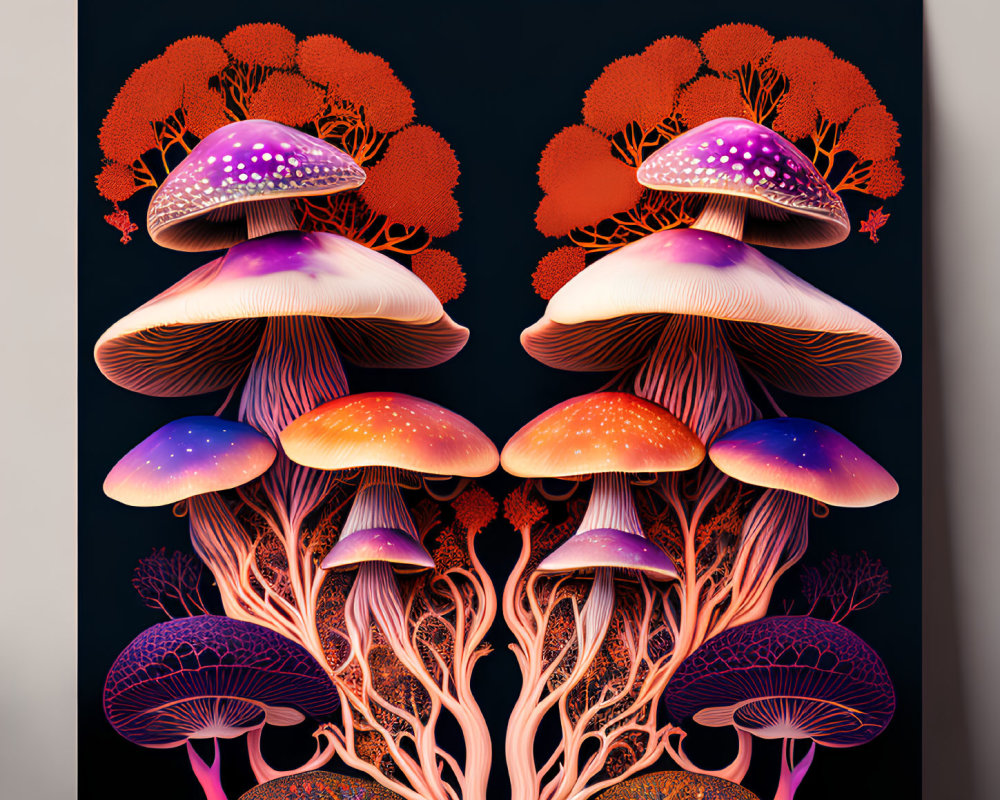 Vibrant digital art: Stylized purple and orange mushrooms on dark background