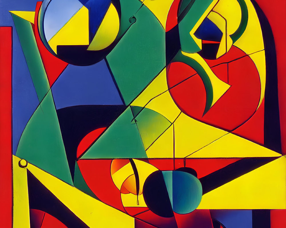 Vibrant Cubist-inspired painting with colorful geometric shapes and intersecting lines