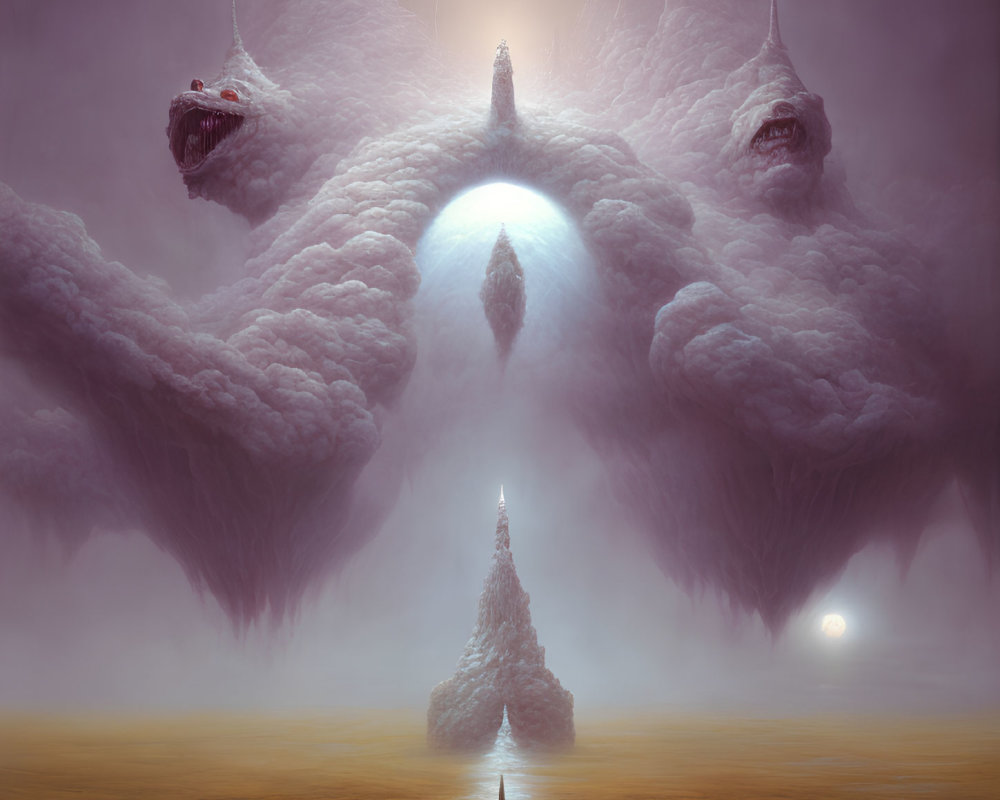 Surreal landscape with central spire, monstrous faces, moon, and bright orb