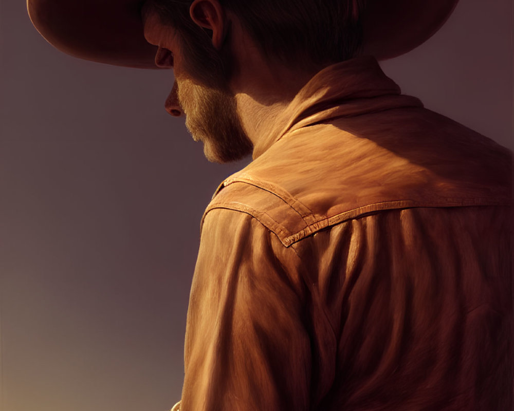 Profile of Cowboy in Large Hat and Brown Jacket Against Sunset Sky