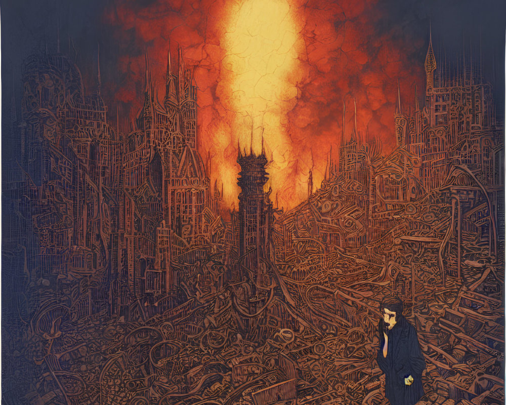 Figure Contemplating Chaotic Gothic Landscape with Inferno