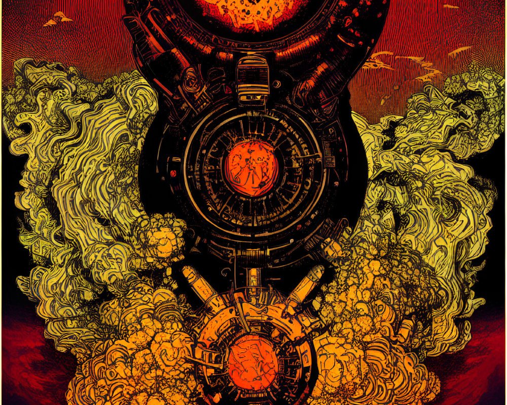 Detailed Steampunk Mechanical Structure Illustration on Red and Black Background