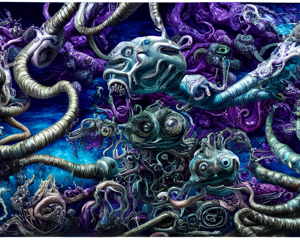 Colorful underwater scene with fantastical tentacled creatures and glowing eyes