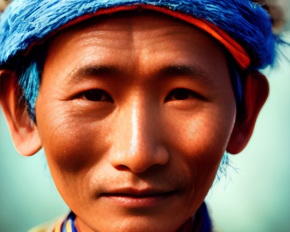 Traditional headwear and colorful outfit on a smiling man in close-up portrait