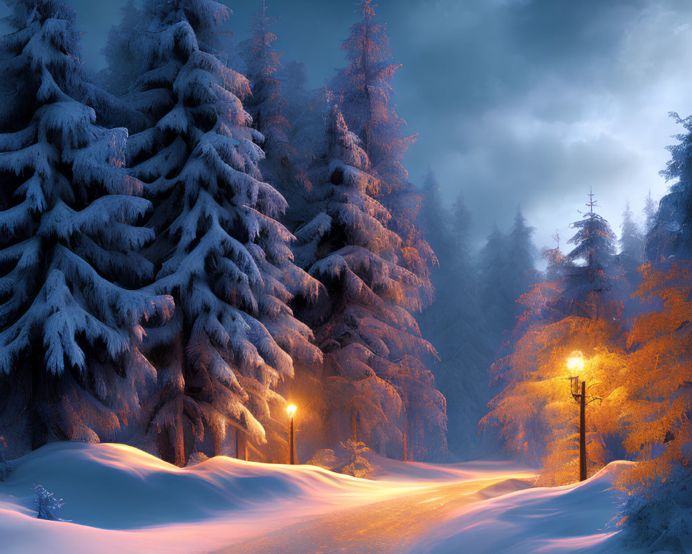 Winter Scene: Snow-covered pine trees along illuminated path at twilight