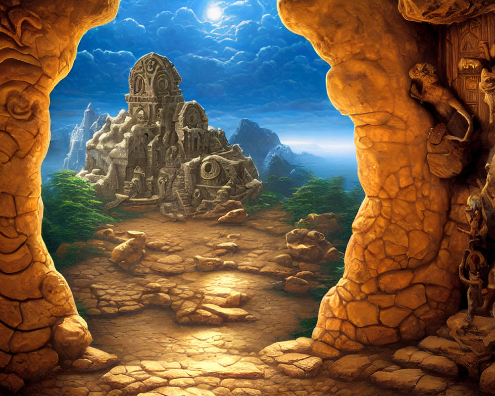 Mystical cave opening with ancient temple, moonlit mountains, and mysterious wall etchings