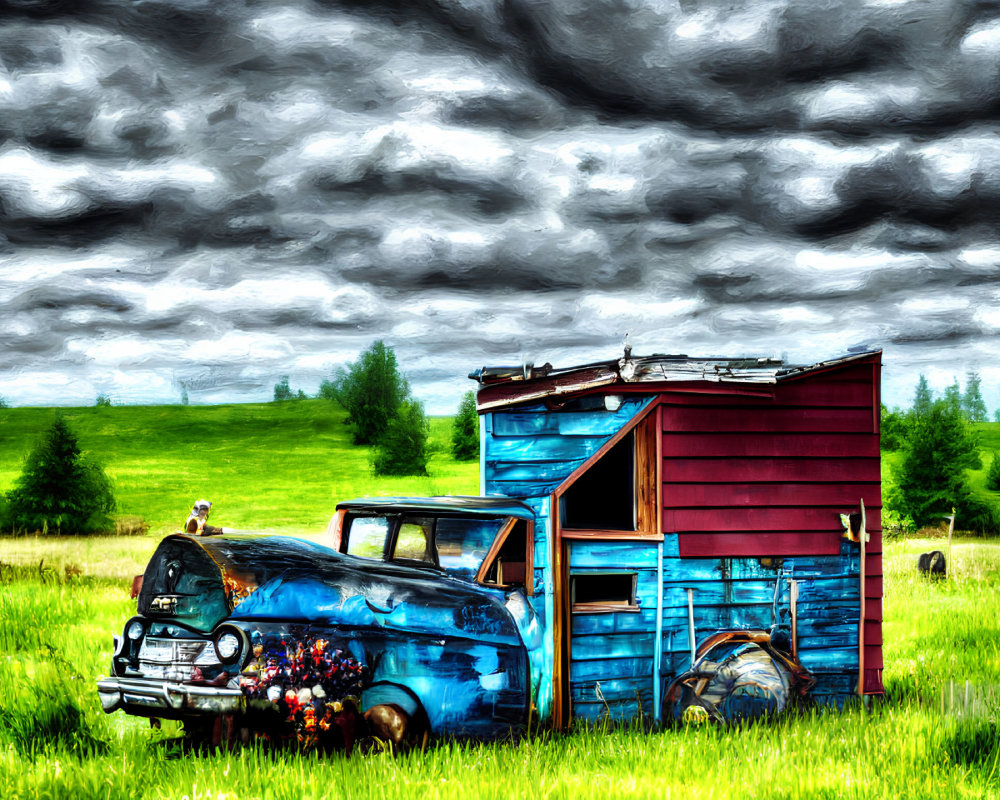 Vintage blue truck with flowers beside weathered shed under stormy sky