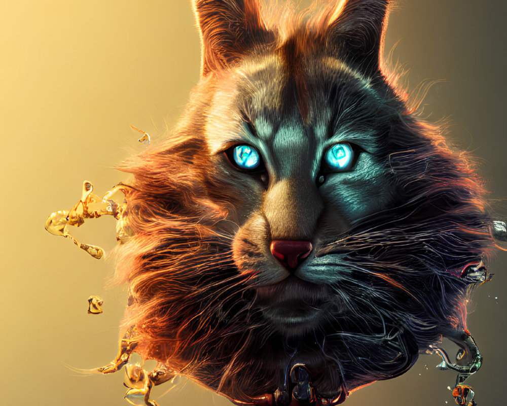 Surreal digital artwork: mechanical cat with blue eyes and golden bees