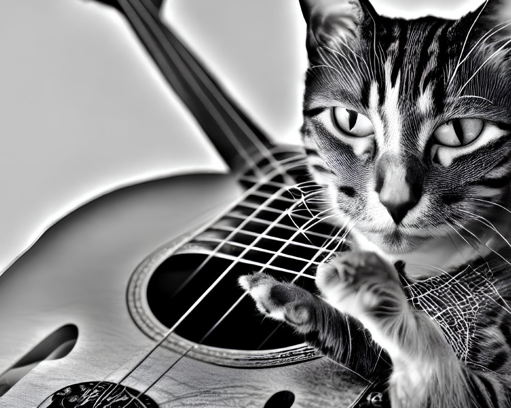 Monochrome cat with unique patterns beside an acoustic guitar