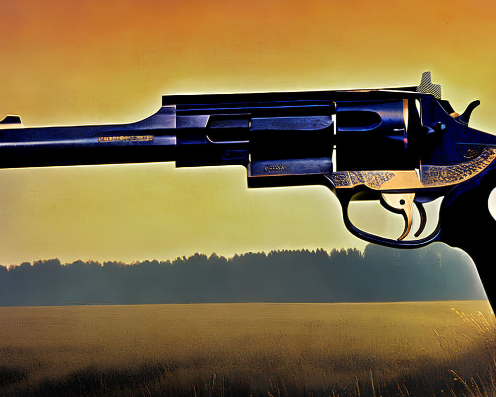 Stylized revolver with ornate details in golden field at dusk