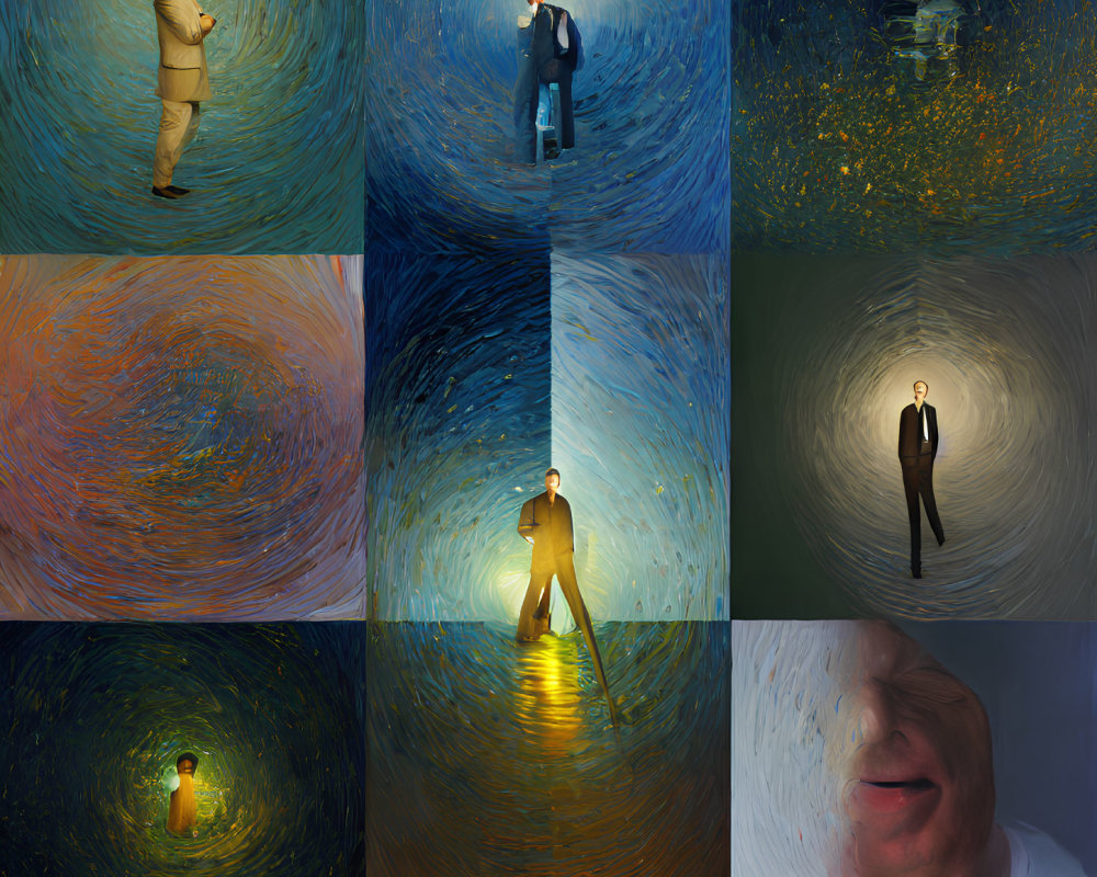 Nine square people portraits with Van Gogh-style brushstrokes.