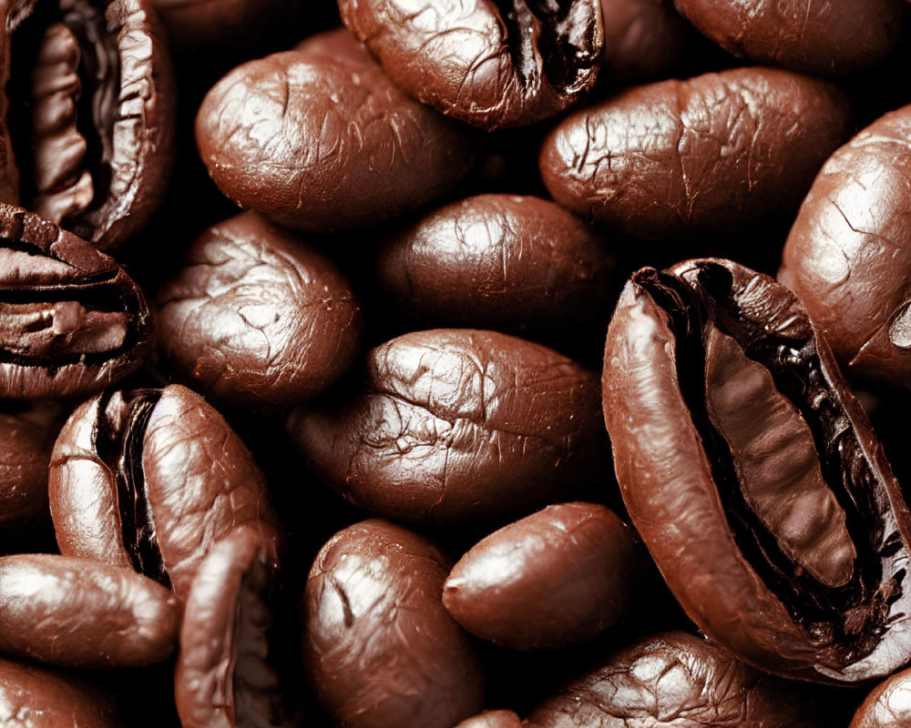 Roasted Coffee Beans with Rich Brown Color and Textured Surfaces