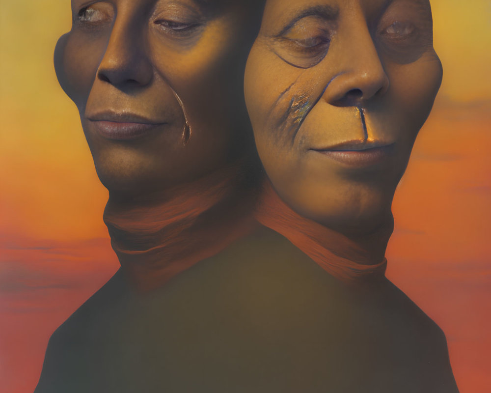 Overlapping faces at sunset with somber expressions