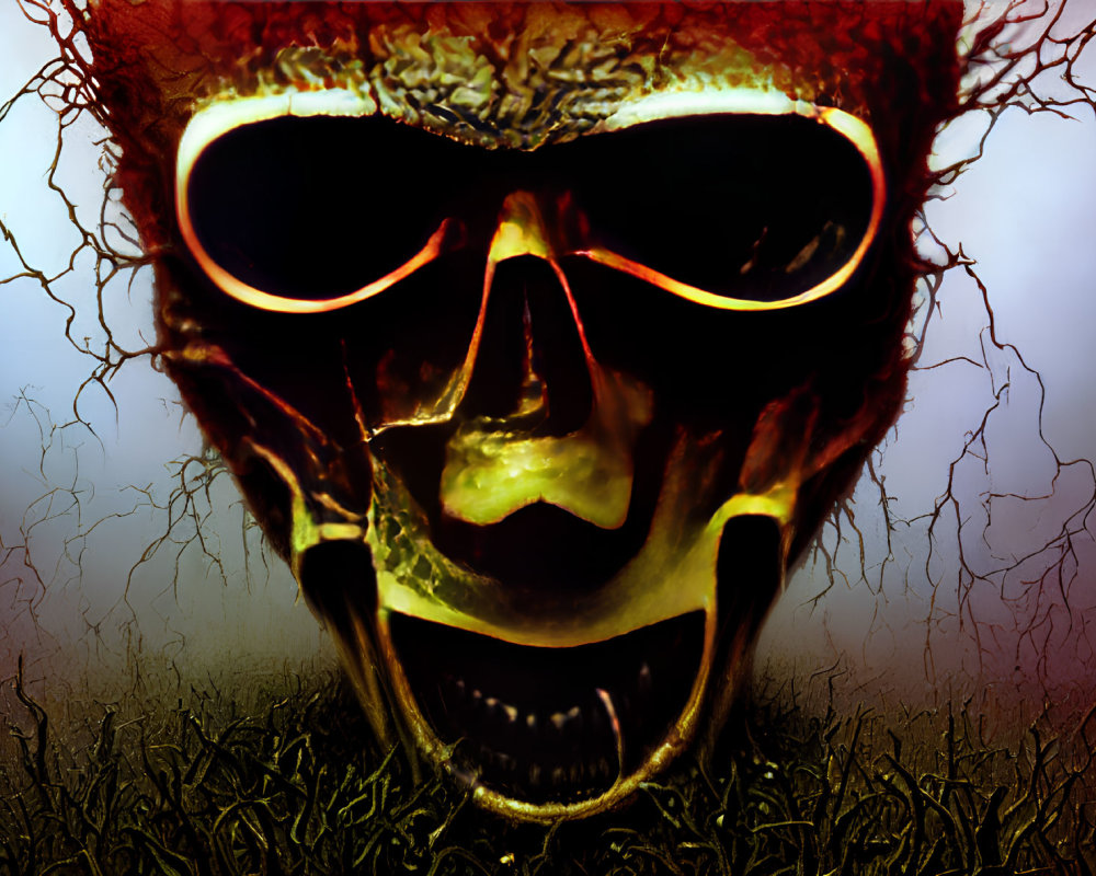 Menacing skull with glowing red eyes on eerie dark backdrop