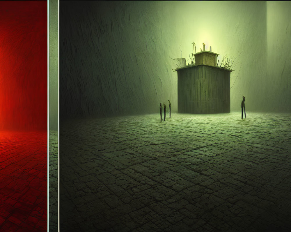 Surreal diptych with central structure and small figures in red and greenish hues