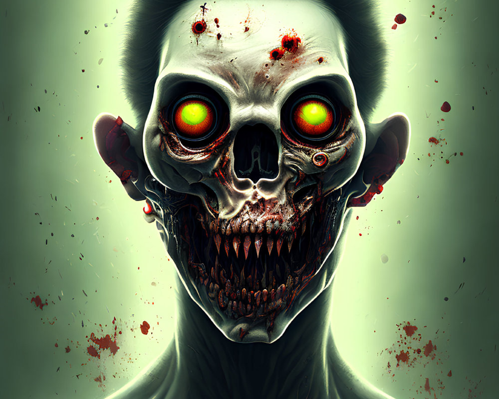 Zombie with Glowing Green Eyes and Blood Splatters on Green Background