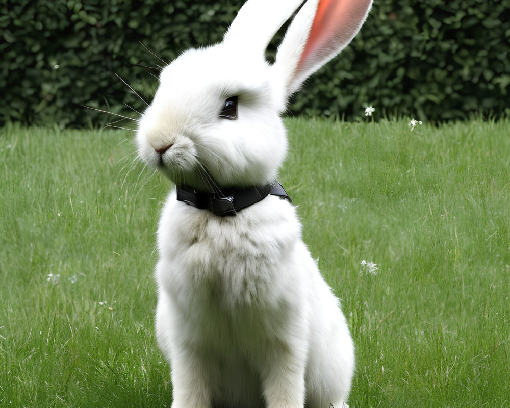 White Rabbit with Pink Ears in Black Harness on Green Grass