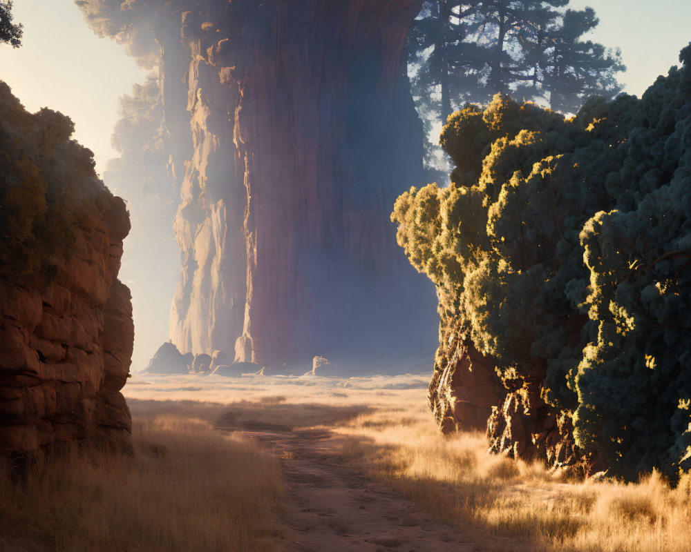 Tranquil landscape with towering tree and sunlit meadow