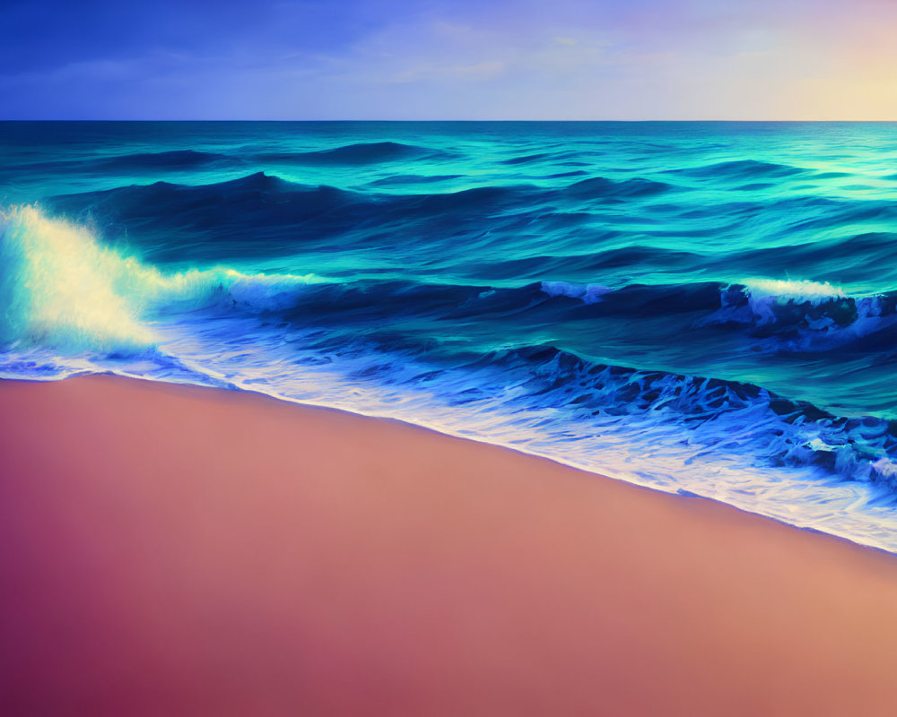 Colorful digital artwork: Beach scene with blue waves, red shore, sunset sky