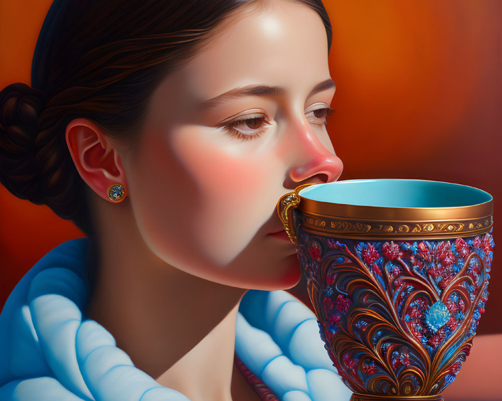 Woman in Blue Scarf sips from Ornate Chalice on Orange Background