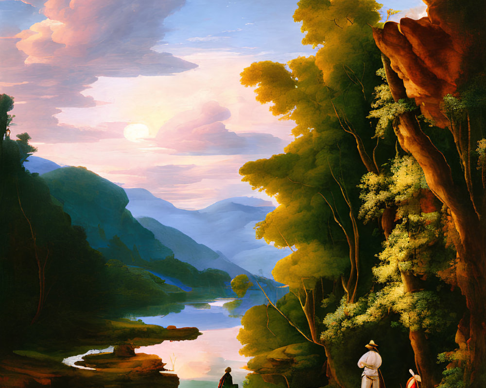 Scenic sunset view of figures by river in forested valley