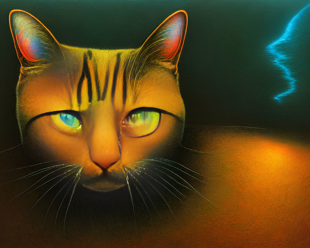 Digital Artwork: Cat with Glowing Green Eyes and Tiger-like Stripes on Abstract Orange Background