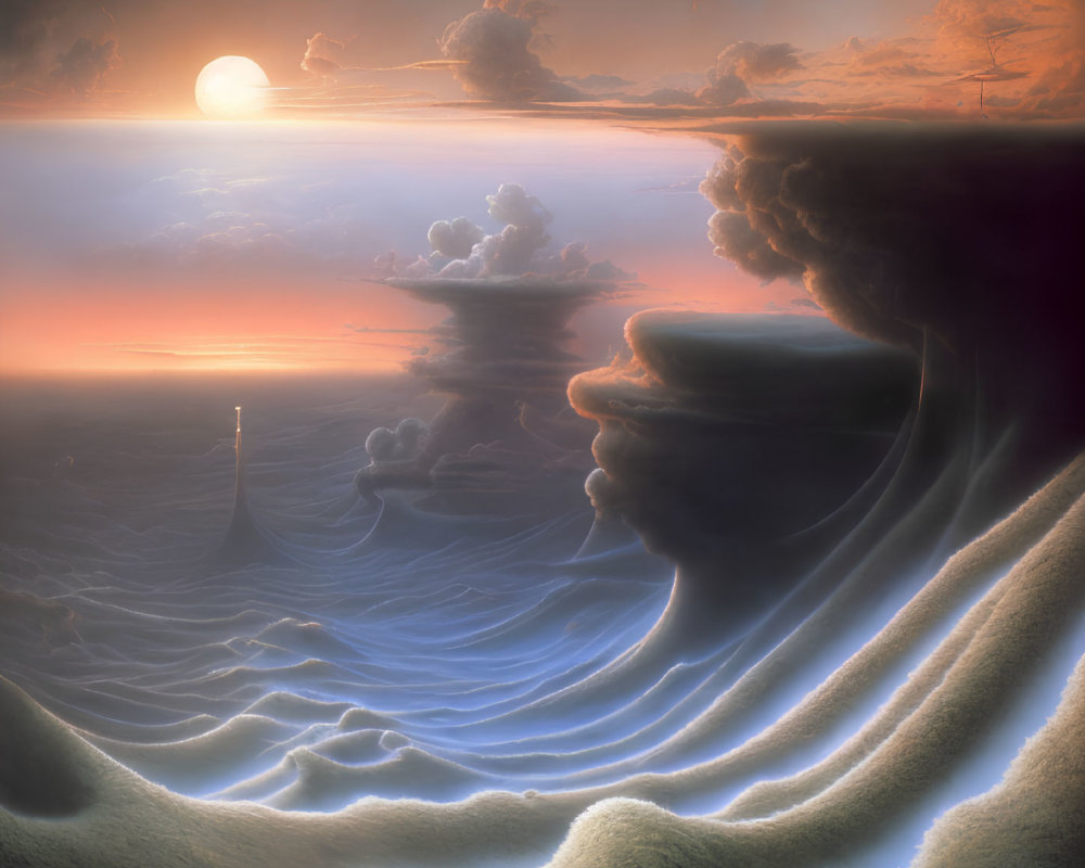 Surreal landscape with towering cloud formation and glowing sunrise