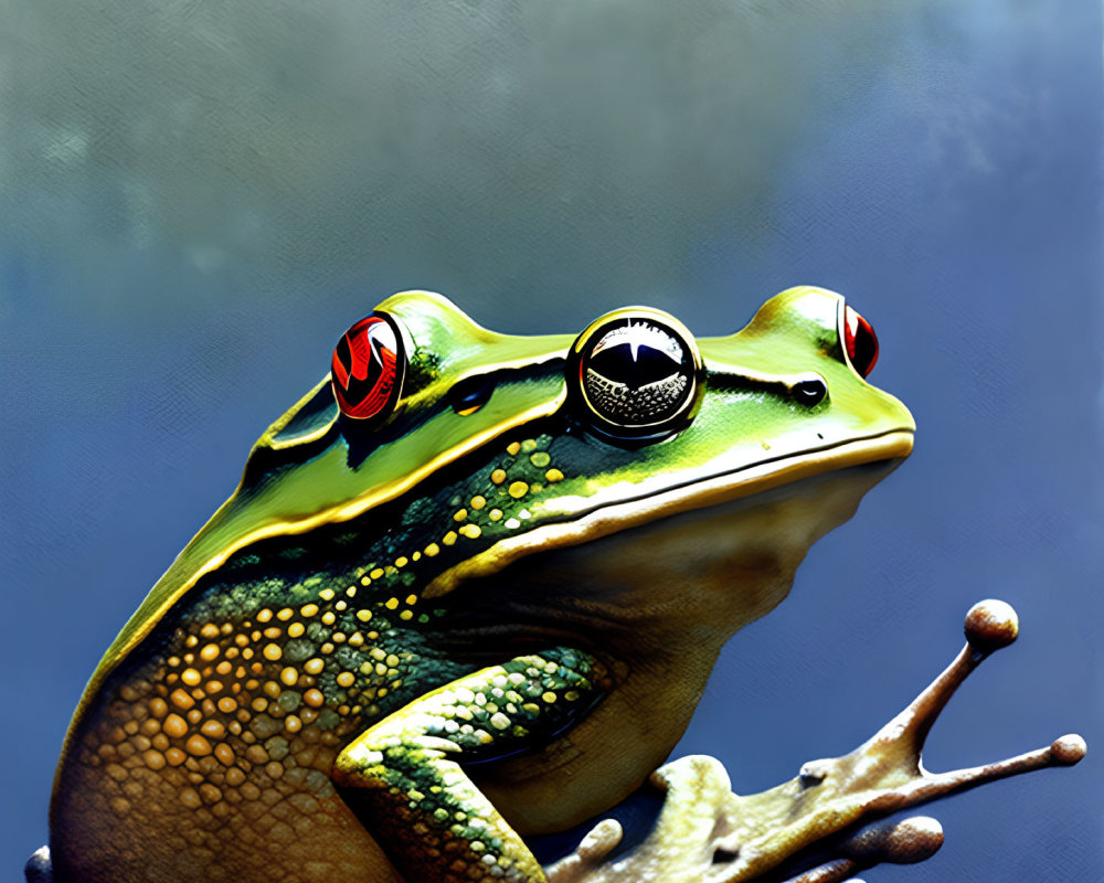 Colorful Frog Illustration with Comic-Style Eyes and Red-Eyed Tree Frog-Like Mark