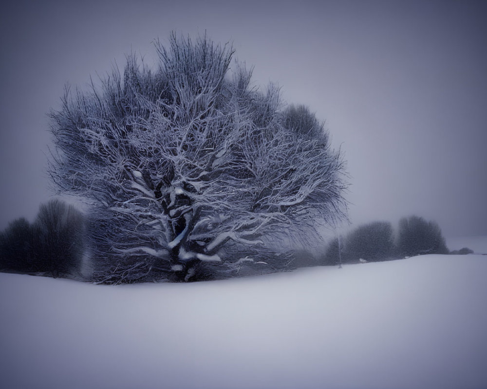 Snow-covered landscape with solitary frost-covered tree