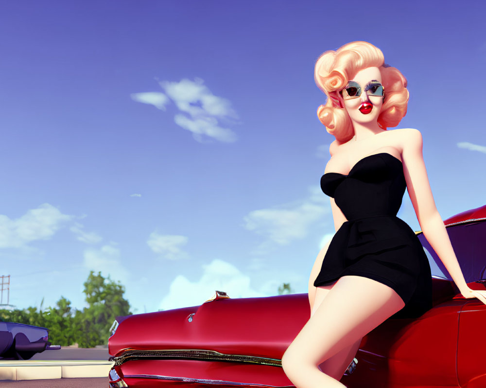 Blonde woman in sunglasses on vintage car under blue sky