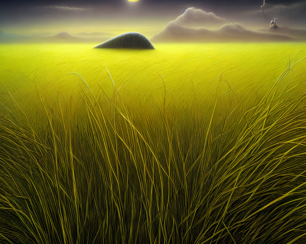 Surreal landscape with lush green field, dramatic sky, solitary hill, and floating island.