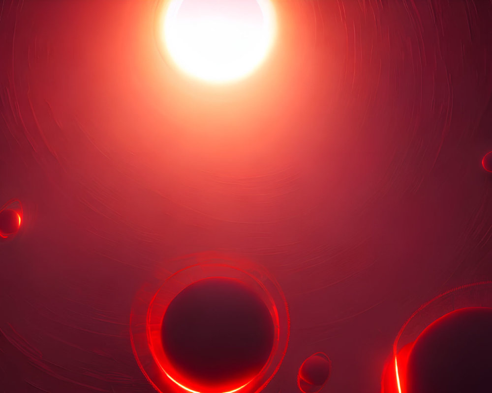 Vivid scarlet background with bright red sun and lens flare.