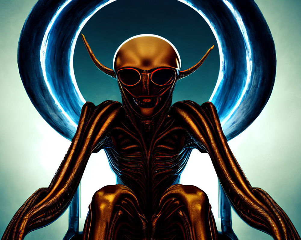 Golden sunglasses, horned alien with glowing ring background