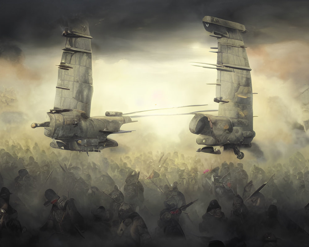 Futuristic airships hover over chaotic battlefield with soldiers in armor