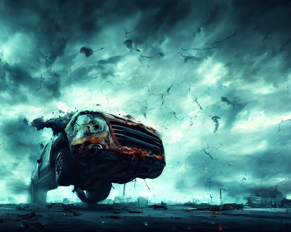 Levitating wrecked car in stormy post-apocalyptic landscape