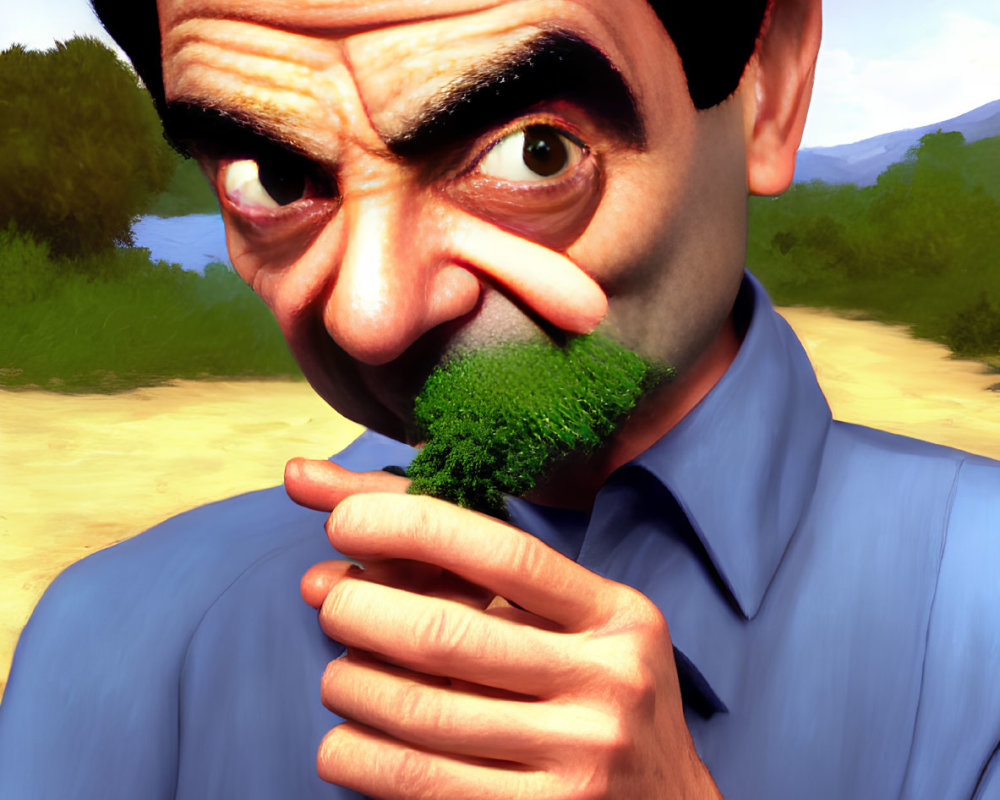 Exaggerated man caricature with large nose and tree nostril against outdoor backdrop