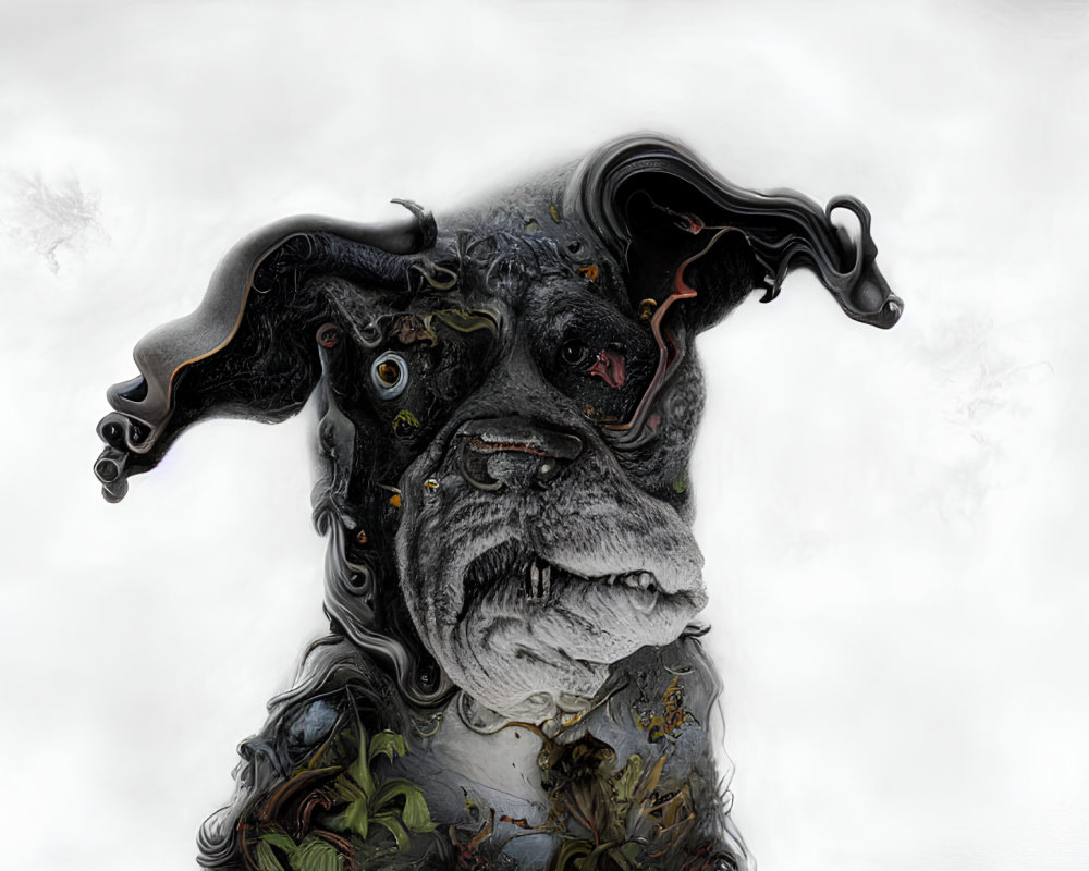 Melancholic dog with abstract, melting features and swirling patterns