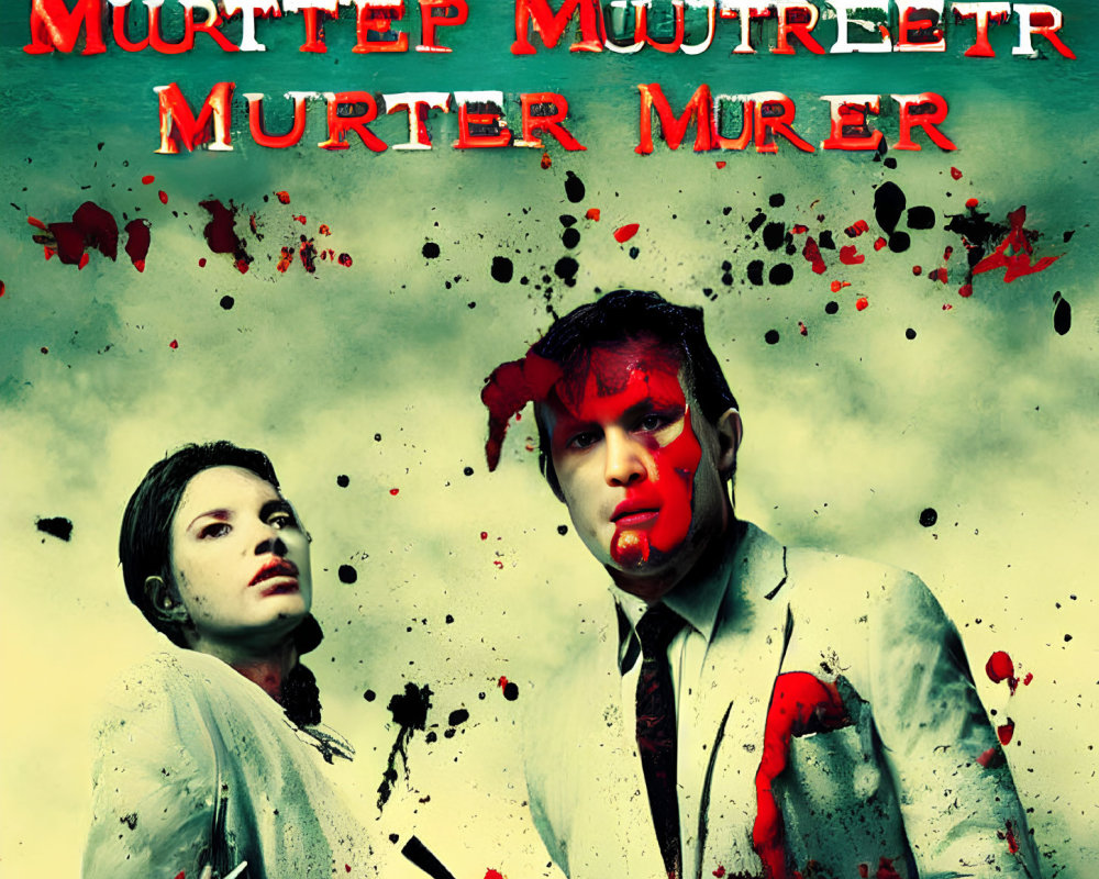 Distressed horror-themed image with blood-covered individuals, cinematic style text.