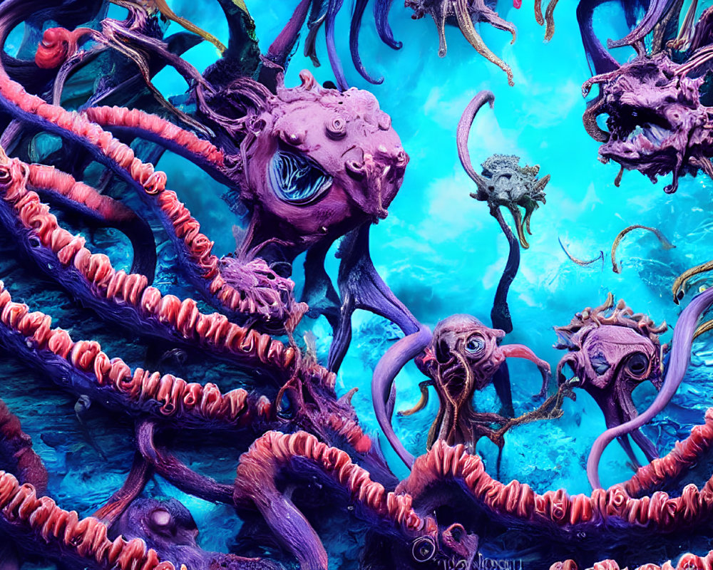 Intricate Blue and Purple Octopus-Like Creatures in Surreal Underwater Scene