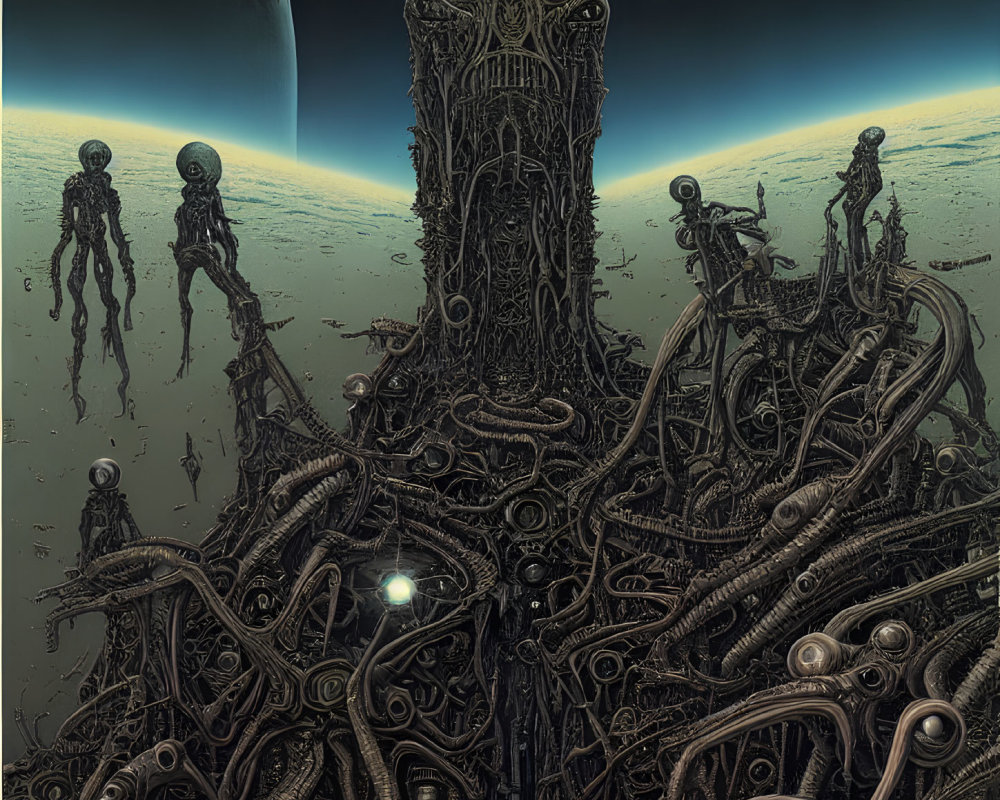 Sci-fi scene: skeletal robotic figures on alien landscape