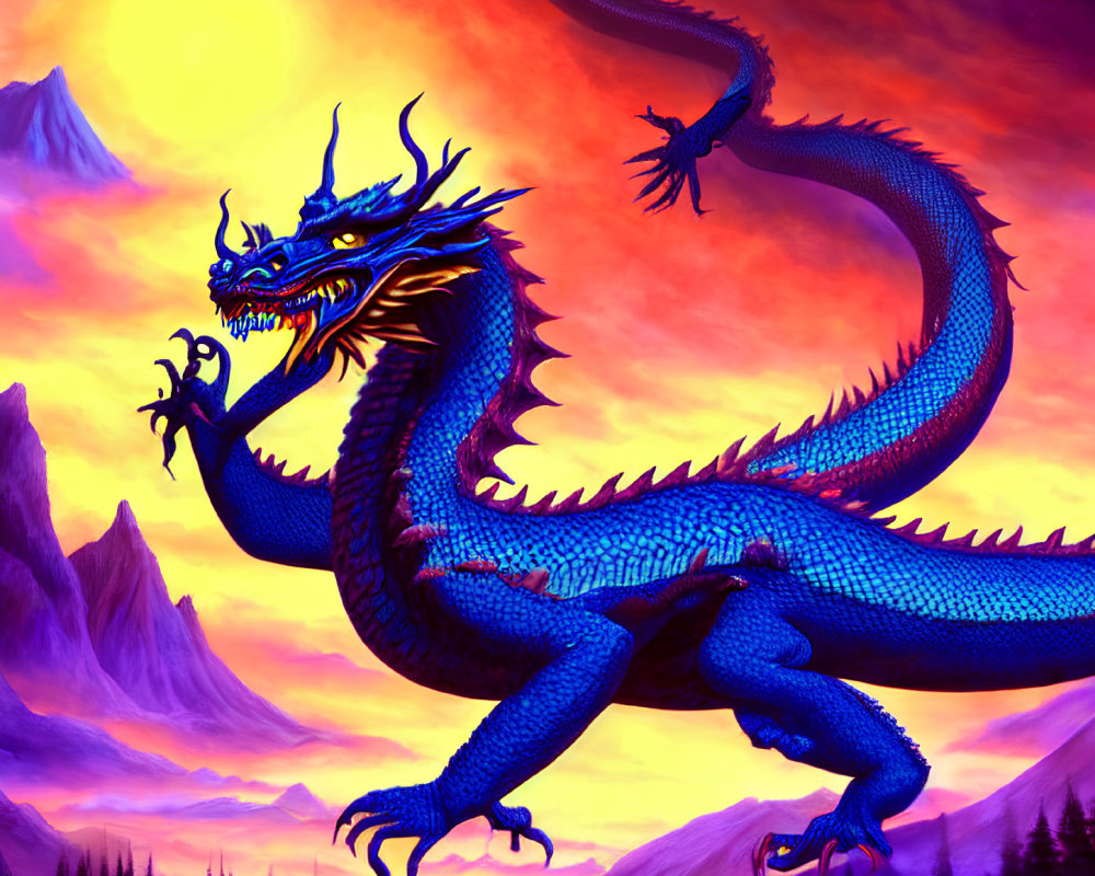 Blue dragon with intricate scales against fiery sunset sky and mountains