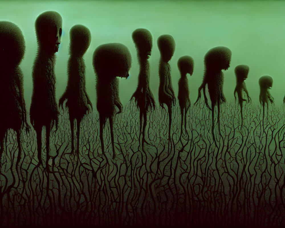 Elongated head silhouettes in green haze among branching structures