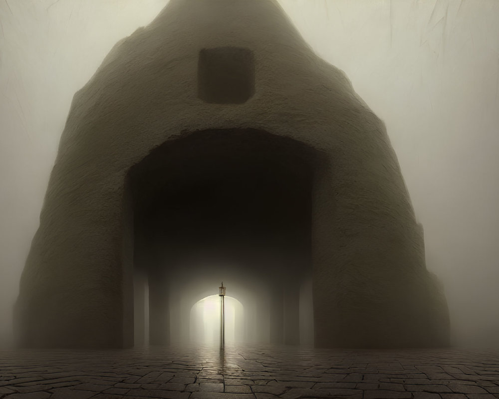 Solitary lamp post at entrance of large arch-shaped tunnel with cobblestone flooring into foggy ex