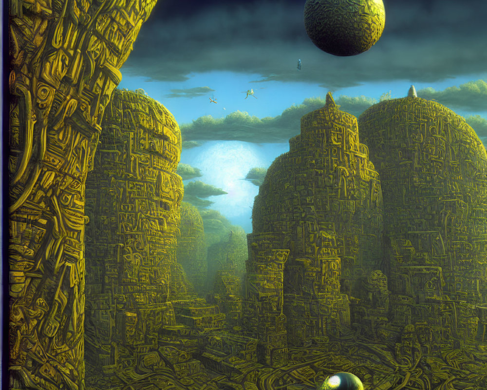 Surreal landscape with maze-like structures, glowing orb, monolith, stormy sky, distant