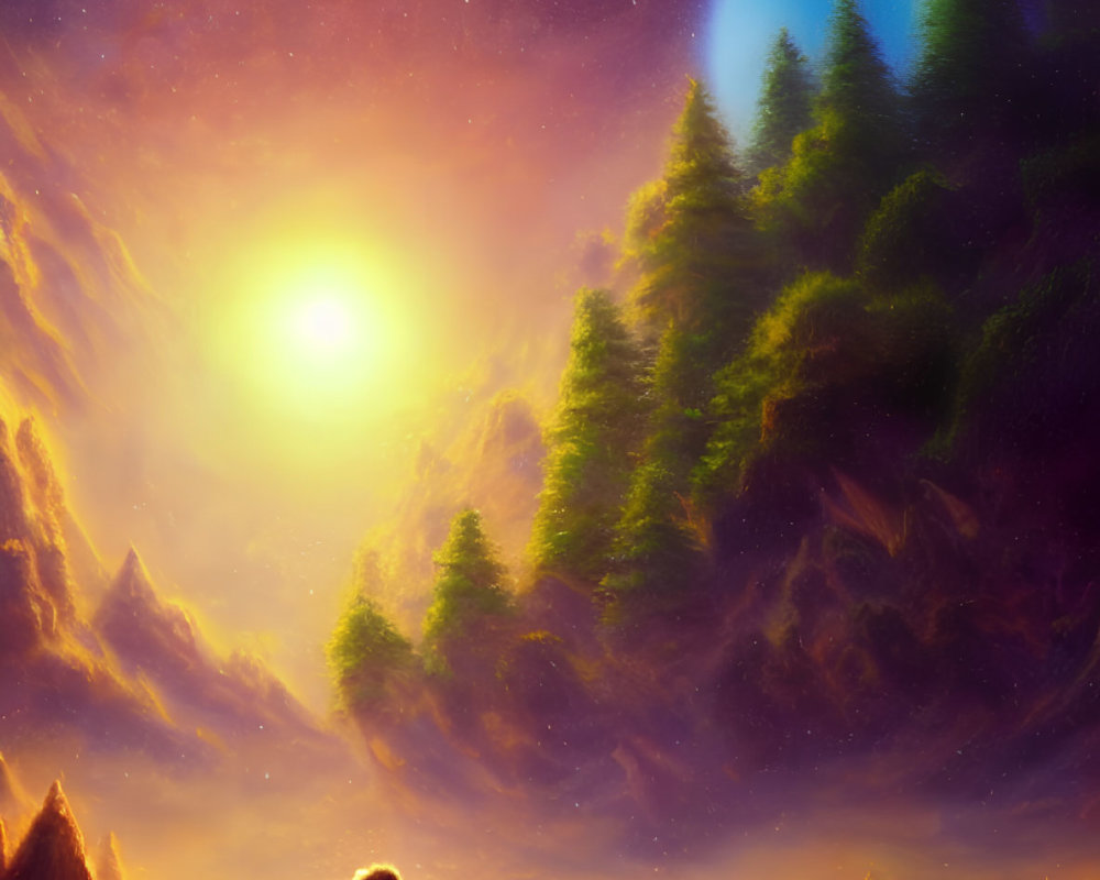 Surreal landscape with glowing sun, mountains, and large planet