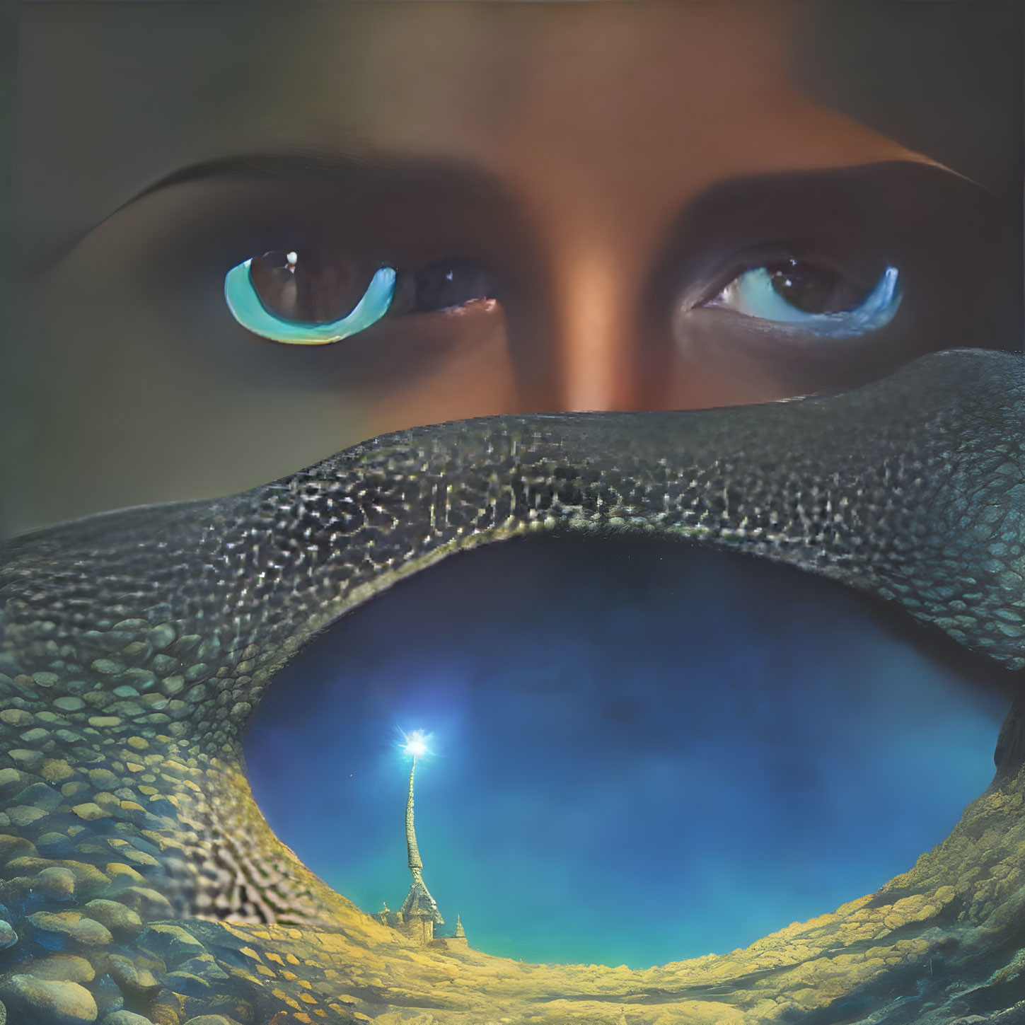 Surreal artwork: Woman's eyes merge with dragon's snout in fantasy landscape