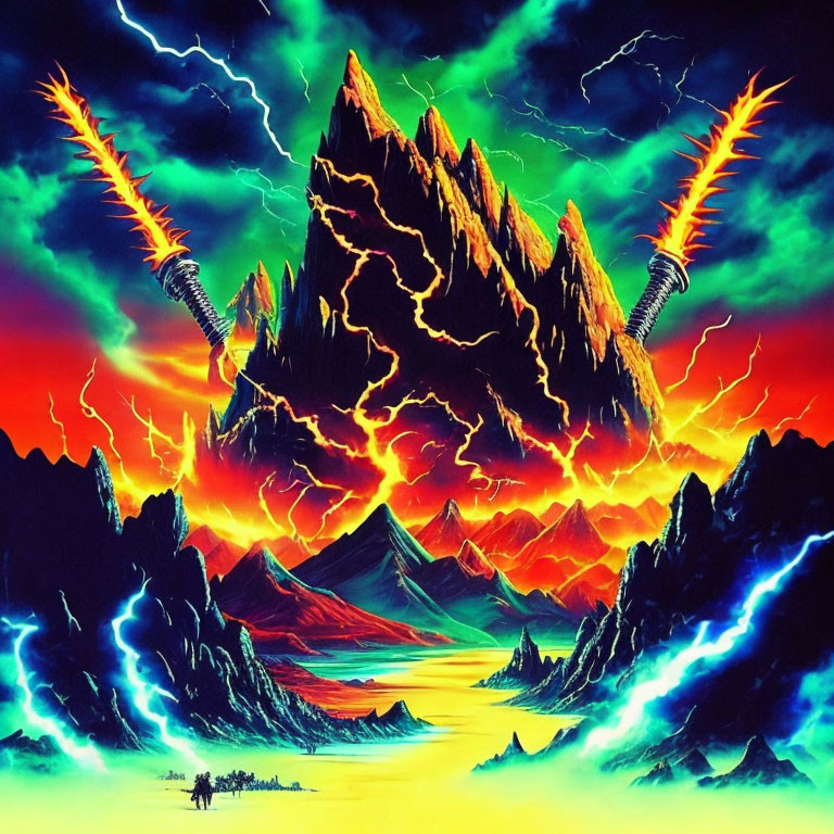 Fantastical landscape with lava mountain and lightning bolts